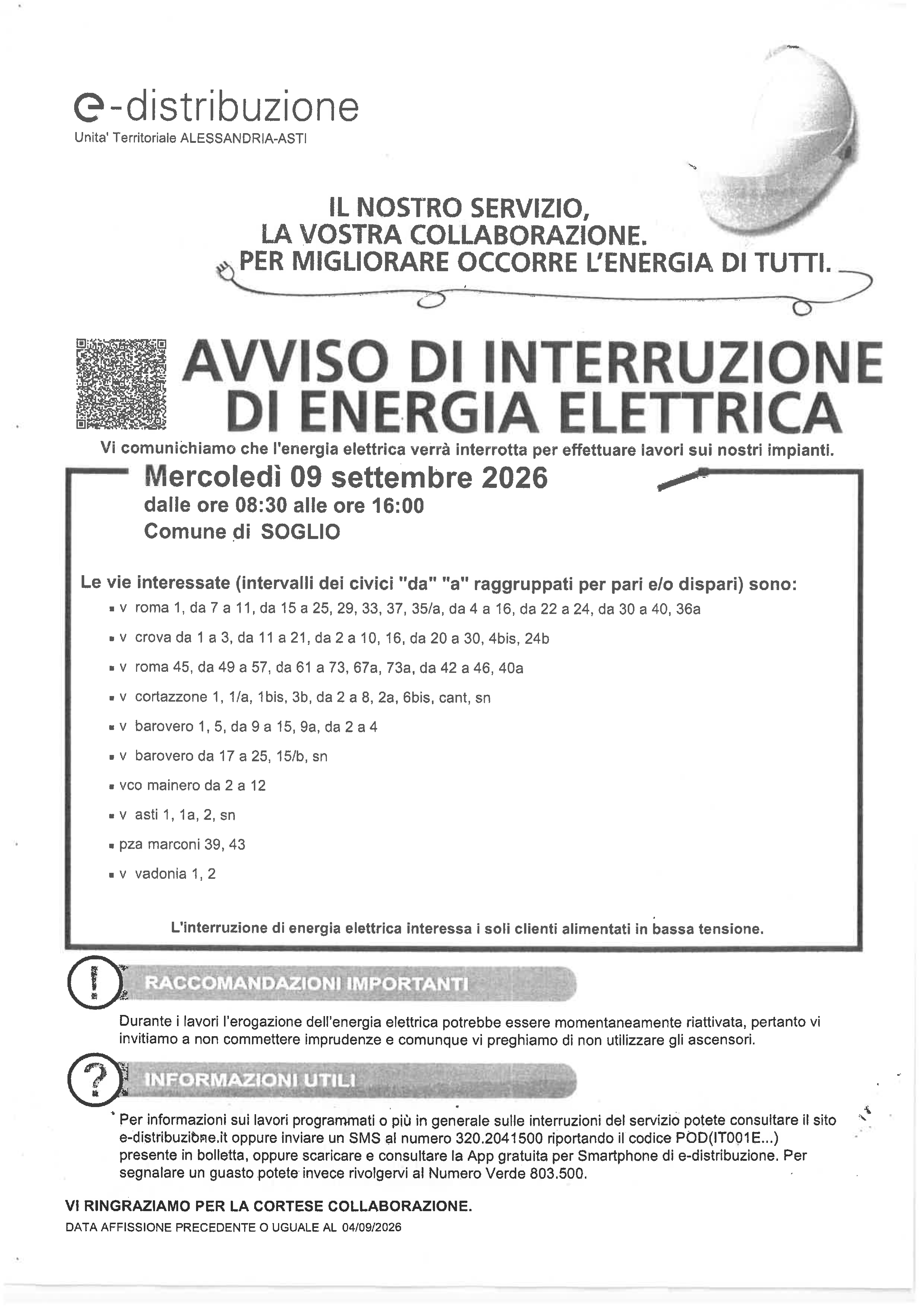Avviso di interruzione di Energia Elettrica